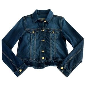 Michael Kors Dark Blue Wash Jean Jacket Fringed Hem Chic Gold Buttons Size M